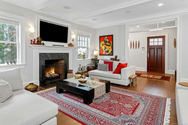 Fireplace, Interior, Living room, Recessed Lighting, Wood Texture Flooring