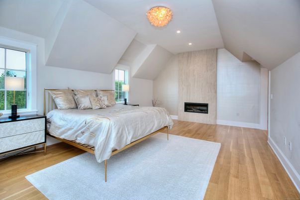 Bedroom, Fireplace, Interior, Recessed Lighting, Wood Texture Flooring