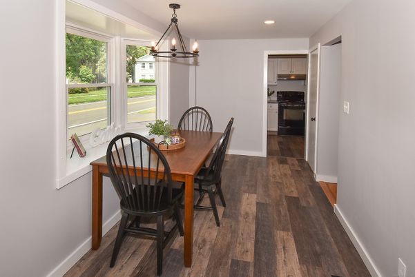 Dining room, Interior, Kitchen, Pendant Lights, Recessed Lighting, Wood Texture Flooring