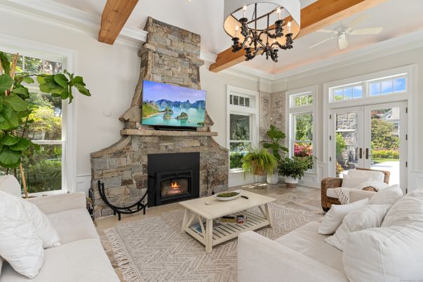 Chandelier, Fireplace, Interior, Living room, Stone Walls, Wooden Beams