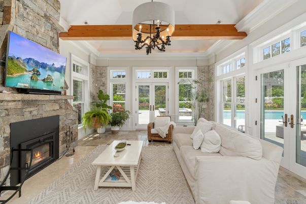 Chandelier, Fireplace, Interior, Living room, Stone Walls, Sun Room, Wooden Beams