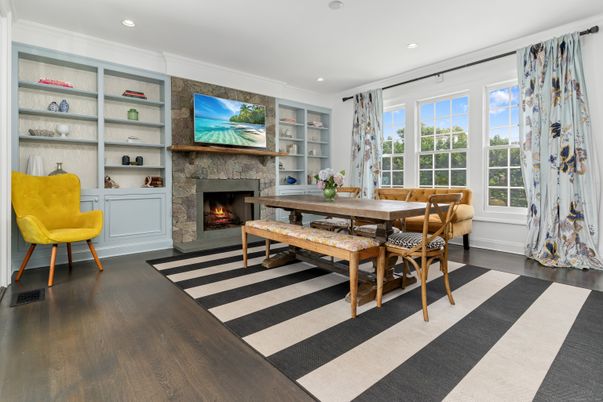 Dining room, Fireplace, Interior, Recessed Lighting, Wood Texture Flooring
