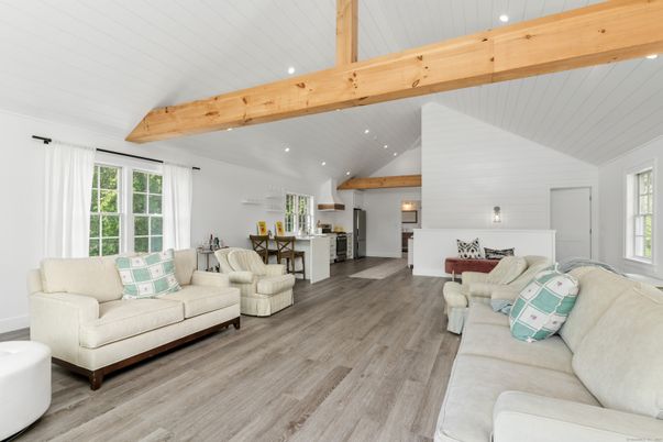 Dining room, Interior, Living room, Recessed Lighting, Wooden Beams, Wood Texture Flooring