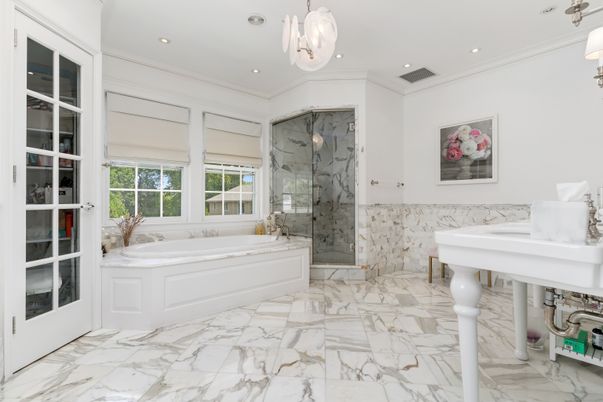 Bathroom, Glass Shower, Interior, Marble, Pendant Lights, Recessed Lighting
