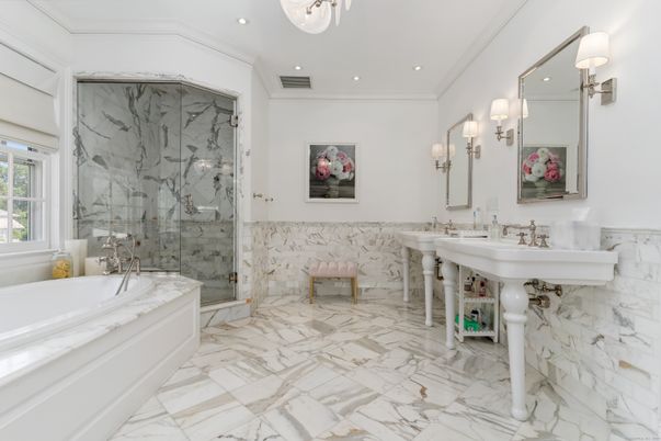 Bathroom, Dual Sink Vanities, Glass Shower, Interior, Marble, Marble Walls, Recessed Lighting