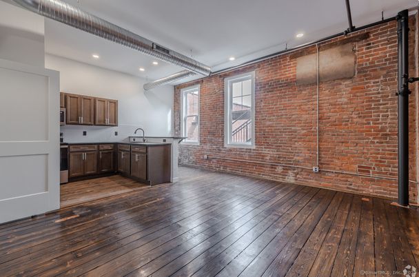 Interior, Kitchen, Recessed Lighting, Stone Walls, Wood Texture Flooring