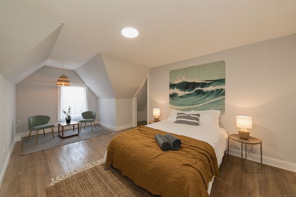 Bedroom, Interior, Recessed Lighting, Wood Texture Flooring