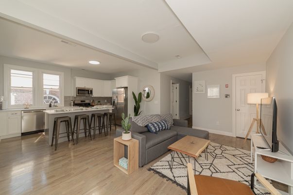 Interior, Kitchen, Living room, Recessed Lighting, Stainless Steel Appliances, Wood Texture Flooring