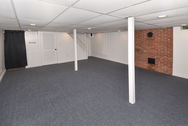 Empty room, Fireplace, Interior, Recessed Lighting, Stone Walls