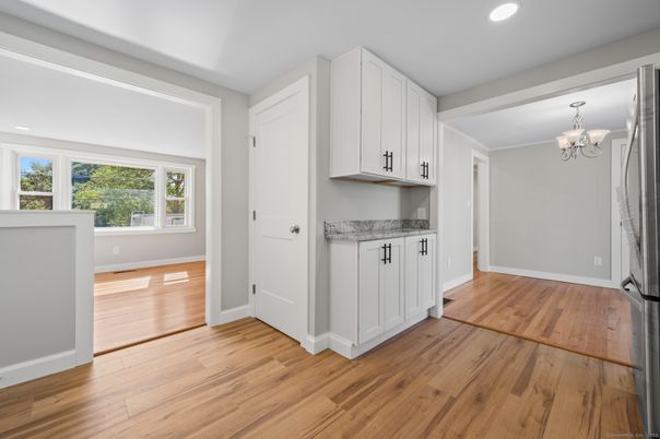 Chandelier, Empty room, Interior, Recessed Lighting, Wood Texture Flooring