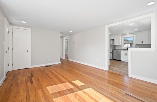 Empty room, Interior, Kitchen, Recessed Lighting, Wood Texture Flooring