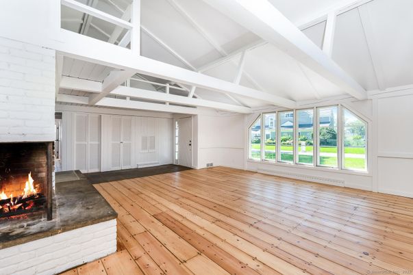 Empty room, Fireplace, Interior, Stone Walls, Wood Texture Flooring