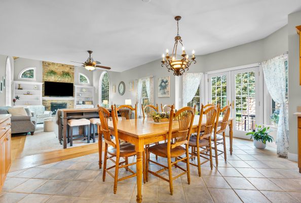 Chandelier, Dining room, Fireplace, Interior, Living room