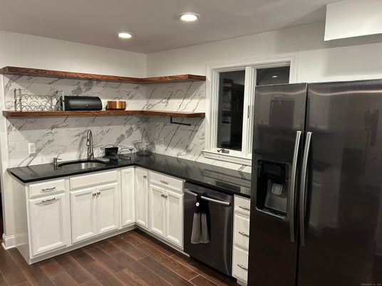 Interior, Kitchen, Marble Walls, Recessed Lighting, Wood Texture Flooring