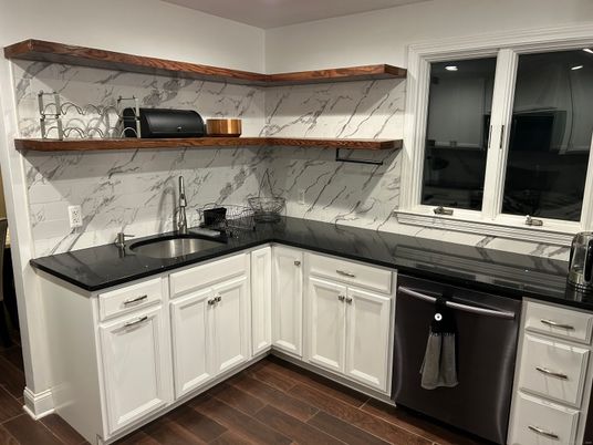 Interior, Kitchen, Marble Walls, Recessed Lighting, Wood Texture Flooring
