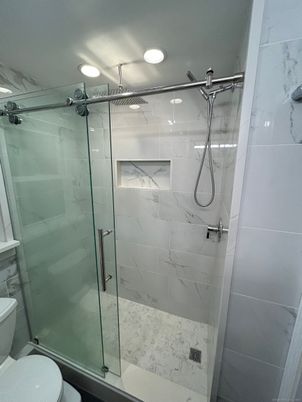Bathroom, Glass Shower, Interior, Marble Walls, Recessed Lighting