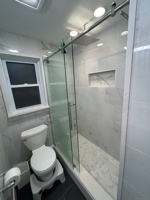 Bathroom, Glass Shower, Interior, Marble Walls, Recessed Lighting