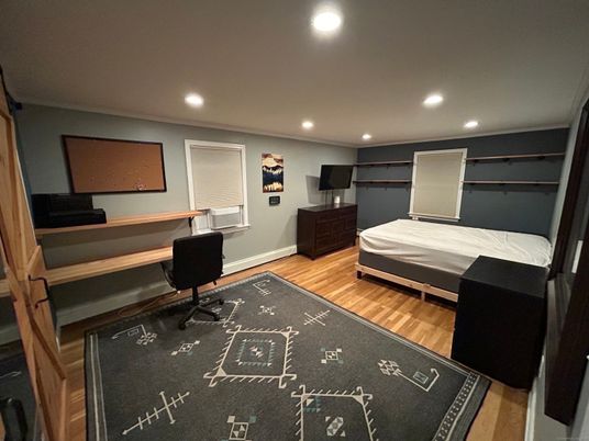 Bedroom, Interior, Recessed Lighting, Wood Texture Flooring