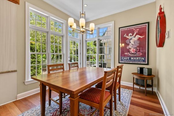 Chandelier, Dining room, Interior, Recessed Lighting, Wood Texture Flooring