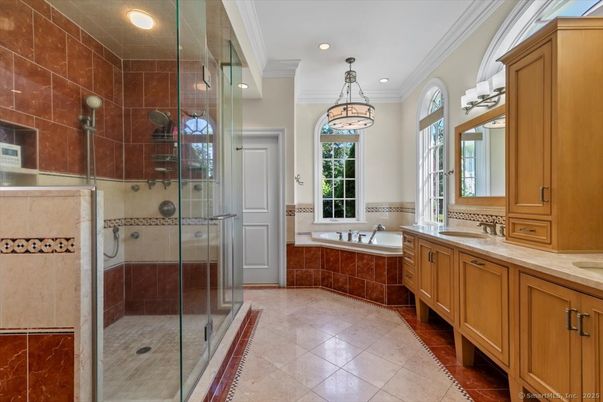 Bathroom, Dual Sink Vanities, Glass Shower, Interior, Pendant Lights, Recessed Lighting