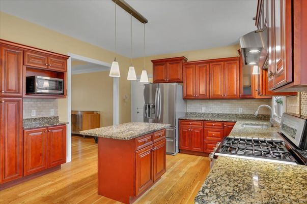 Interior, Kitchen, Pendant Lights, Stainless Steel Appliances, Wood Texture Flooring
