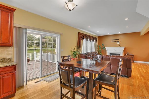 Dining room, Fireplace, Interior, Recessed Lighting, Wood Texture Flooring