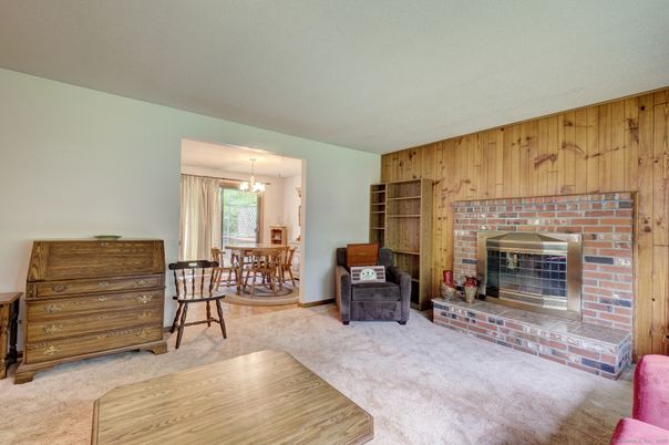 Dining room, Fireplace, Interior, Pendant Lights, Wood Texture Flooring, Wooden Walls