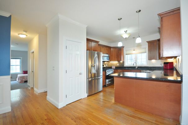 Interior, Kitchen, Pendant Lights, Stainless Steel Appliances, Wood Texture Flooring