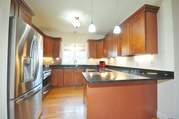 Interior, Kitchen, Pendant Lights, Stainless Steel Appliances, Wood Texture Flooring