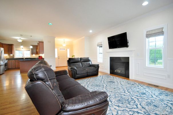 Fireplace, Interior, Kitchen, Living room, Pendant Lights, Recessed Lighting, Wood Texture Flooring