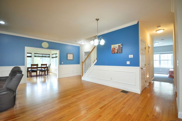 Dining room, Interior, Pendant Lights, Recessed Lighting, Wood Texture Flooring