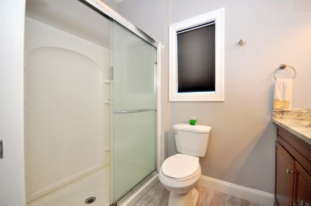 Bathroom, Glass Shower, Interior, Wood Texture Flooring