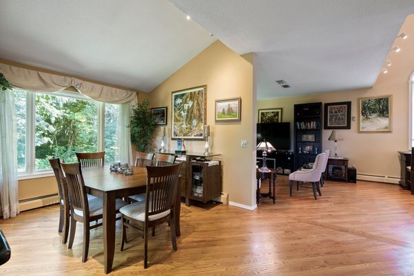 Dining room, Interior, Recessed Lighting, Wood Texture Flooring