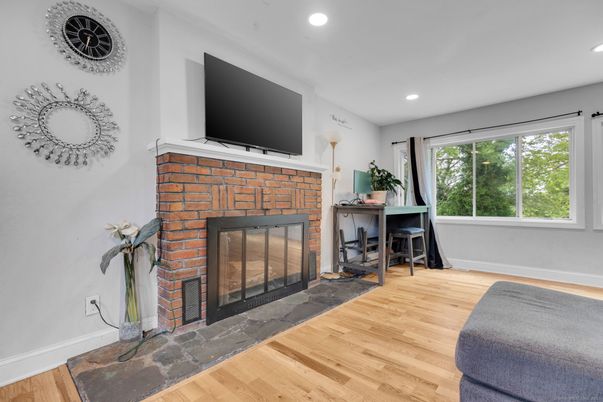 Fireplace, Interior, Recessed Lighting, Wood Texture Flooring