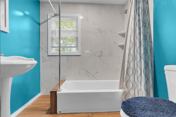 Bathroom, Interior, Marble Walls, Wood Texture Flooring