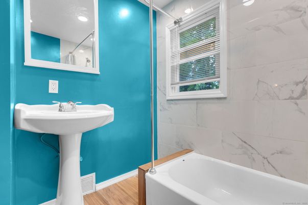 Bathroom, Interior, Marble Walls, Recessed Lighting, Wood Texture Flooring