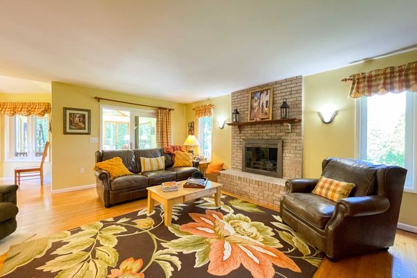 Fireplace, Interior, Living room, Stone Walls, Wood Texture Flooring
