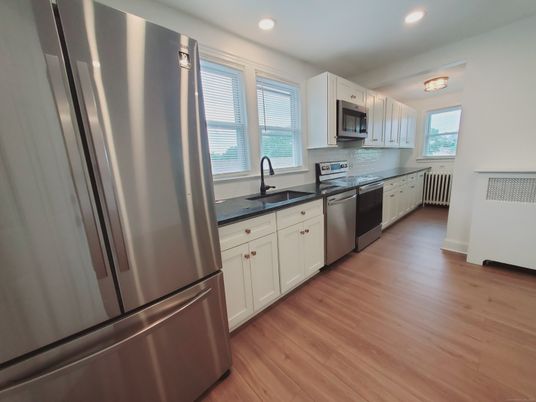 Interior, Kitchen, Recessed Lighting, Stainless Steel Appliances, Wood Texture Flooring