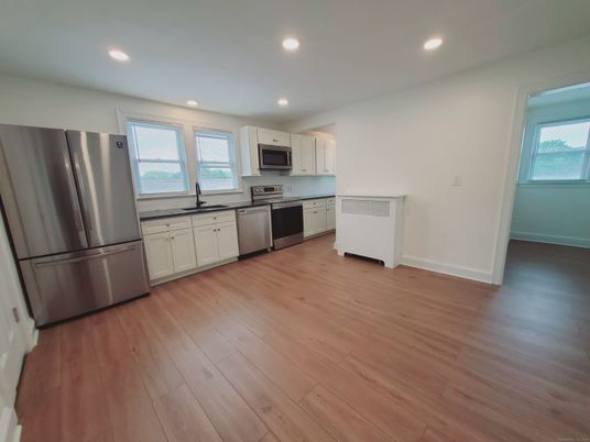 Interior, Kitchen, Recessed Lighting, Stainless Steel Appliances, Wood Texture Flooring