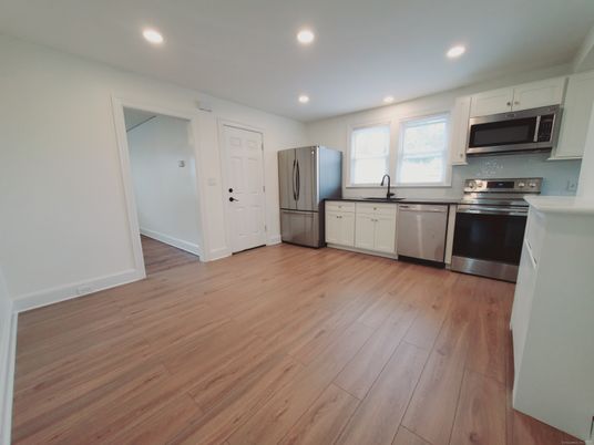 Interior, Kitchen, Recessed Lighting, Stainless Steel Appliances, Wood Texture Flooring