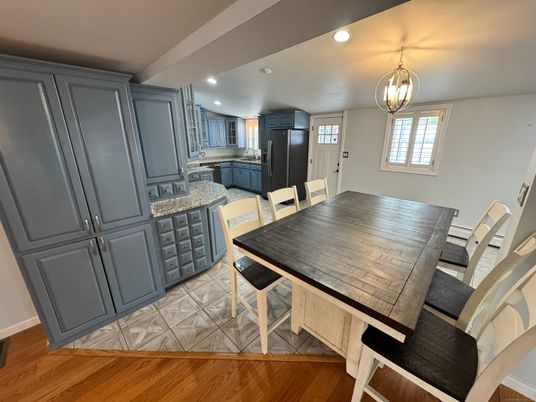 Dining room, Interior, Pendant Lights, Recessed Lighting, Wood Texture Flooring
