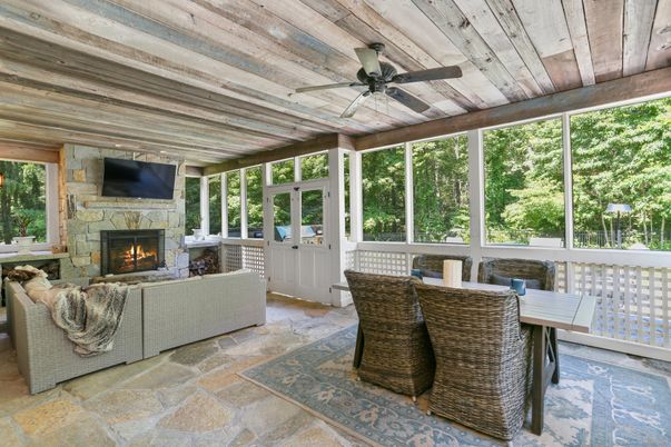 Fireplace, Interior, Living room, Stone Walls, Sun Room, Wooden Ceilings