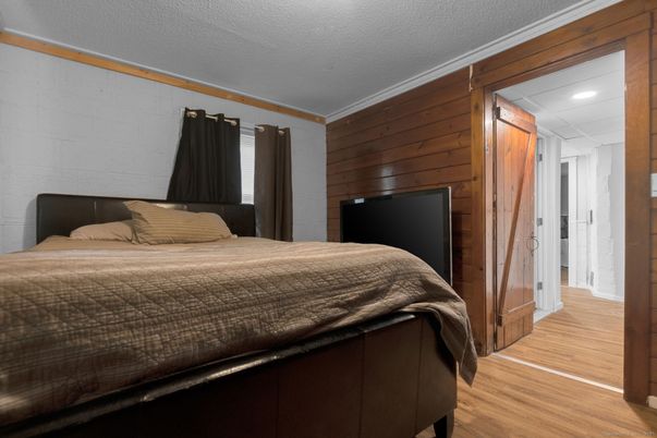 Bedroom, Interior, Recessed Lighting, Wood Texture Flooring, Wooden Walls