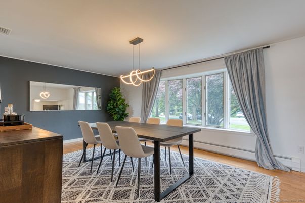 Dining room, Interior, Pendant Lights, Wood Texture Flooring
