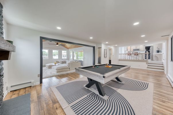 Billiard Table, Game Room, Interior, Recessed Lighting, Wood Texture Flooring