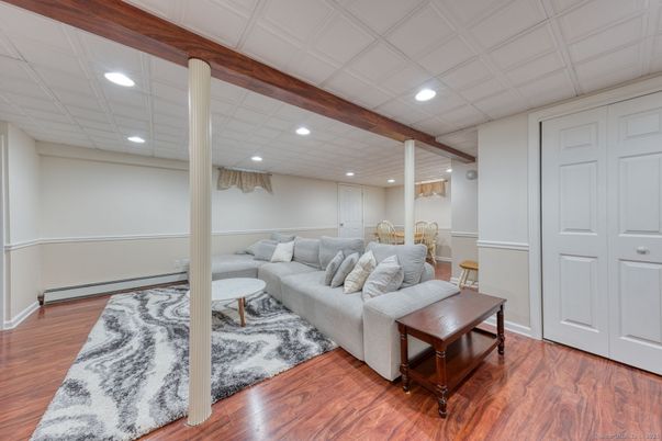 Interior, Living room, Recessed Lighting, Wooden Beams, Wood Texture Flooring
