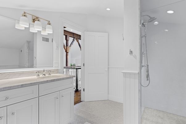 Bathroom, Dual Sink Vanities, Glass Shower, Interior, Recessed Lighting, Tile Countertops