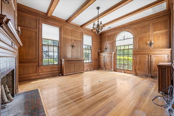 Chandelier, Empty room, Fireplace, Interior, Pendant Lights, Wooden Beams, Wood Texture Flooring, Wooden Walls