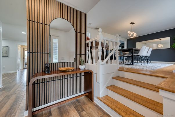 Dining room, Interior, Pendant Lights, Recessed Lighting, Wood Texture Flooring