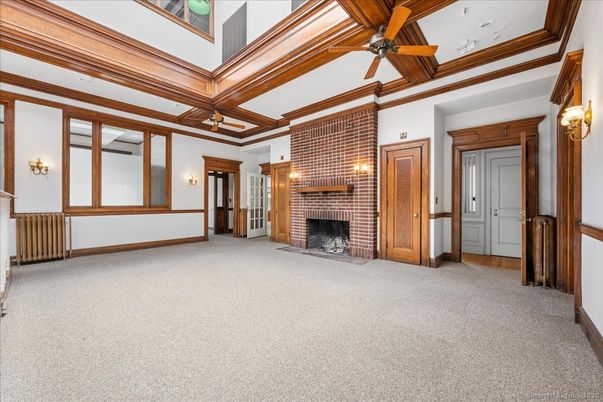 Empty room, Fireplace, Interior, Stone Walls, Wooden Beams